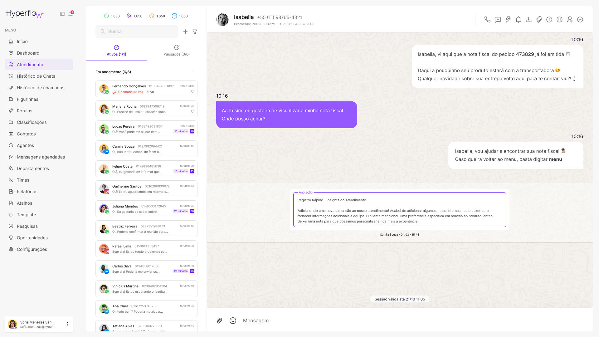 Tela da plataforma Hyperflow: Atendimentos