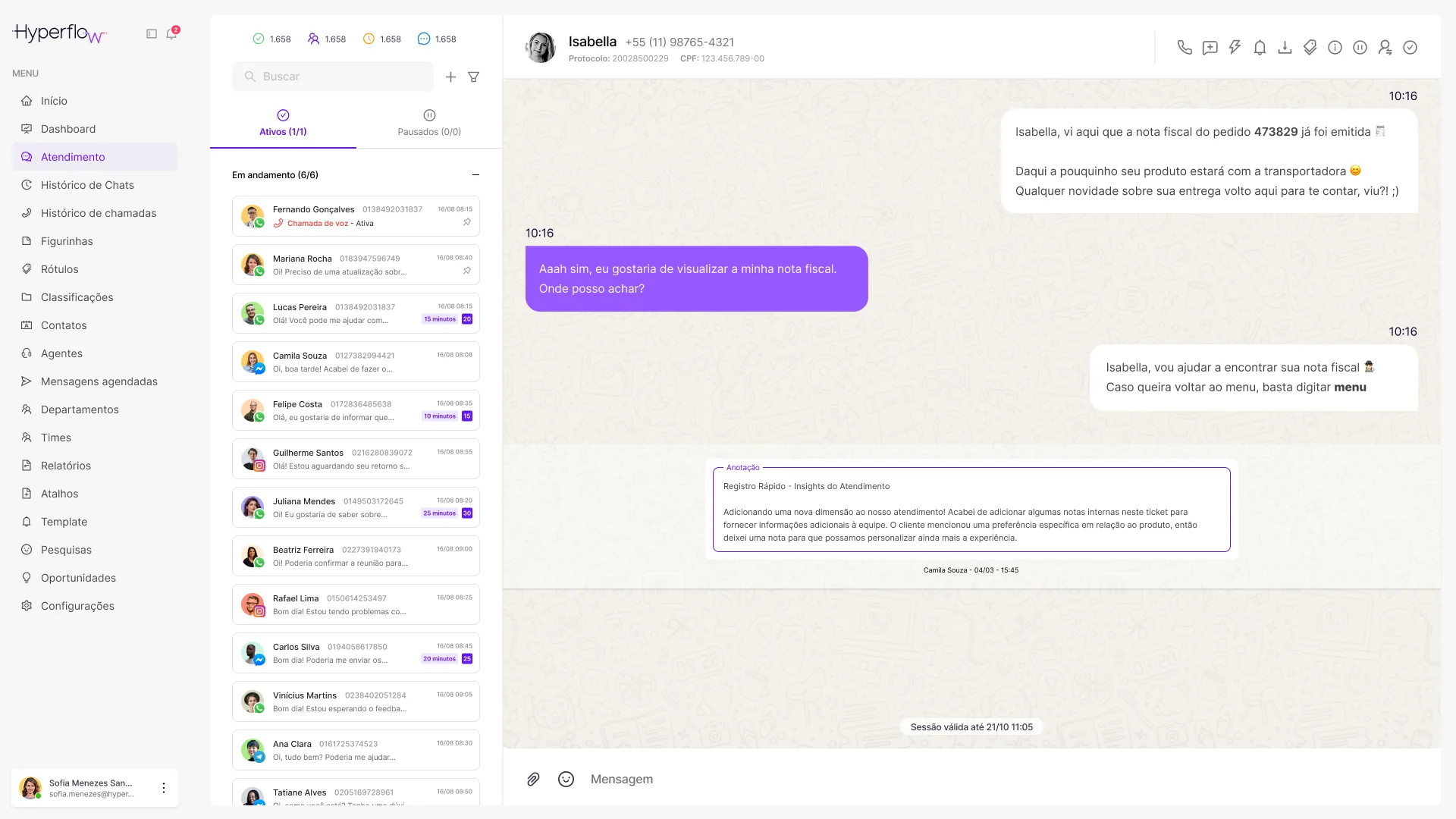 Tela de atendimentos da Hyperflow, com as conversas do time em um painel
