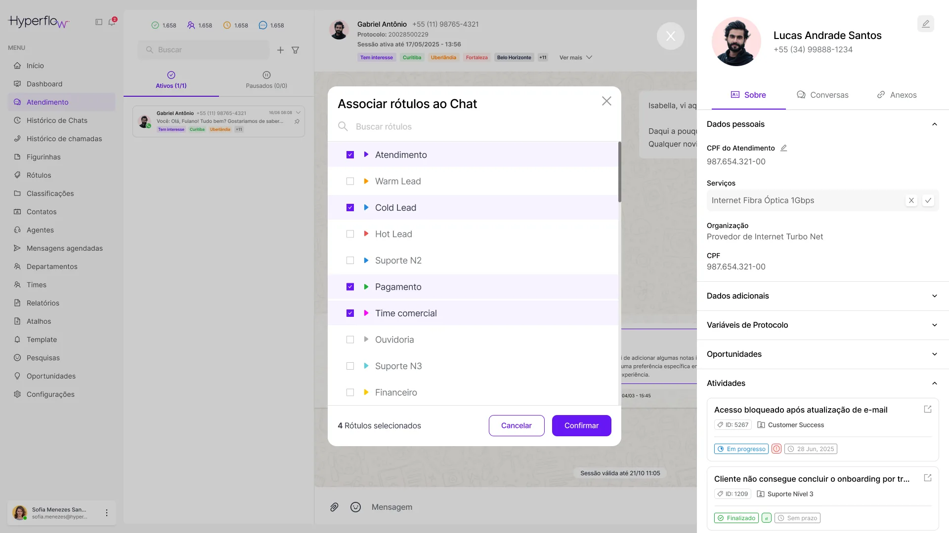 Tela de categorização de conversas da Hyperflow